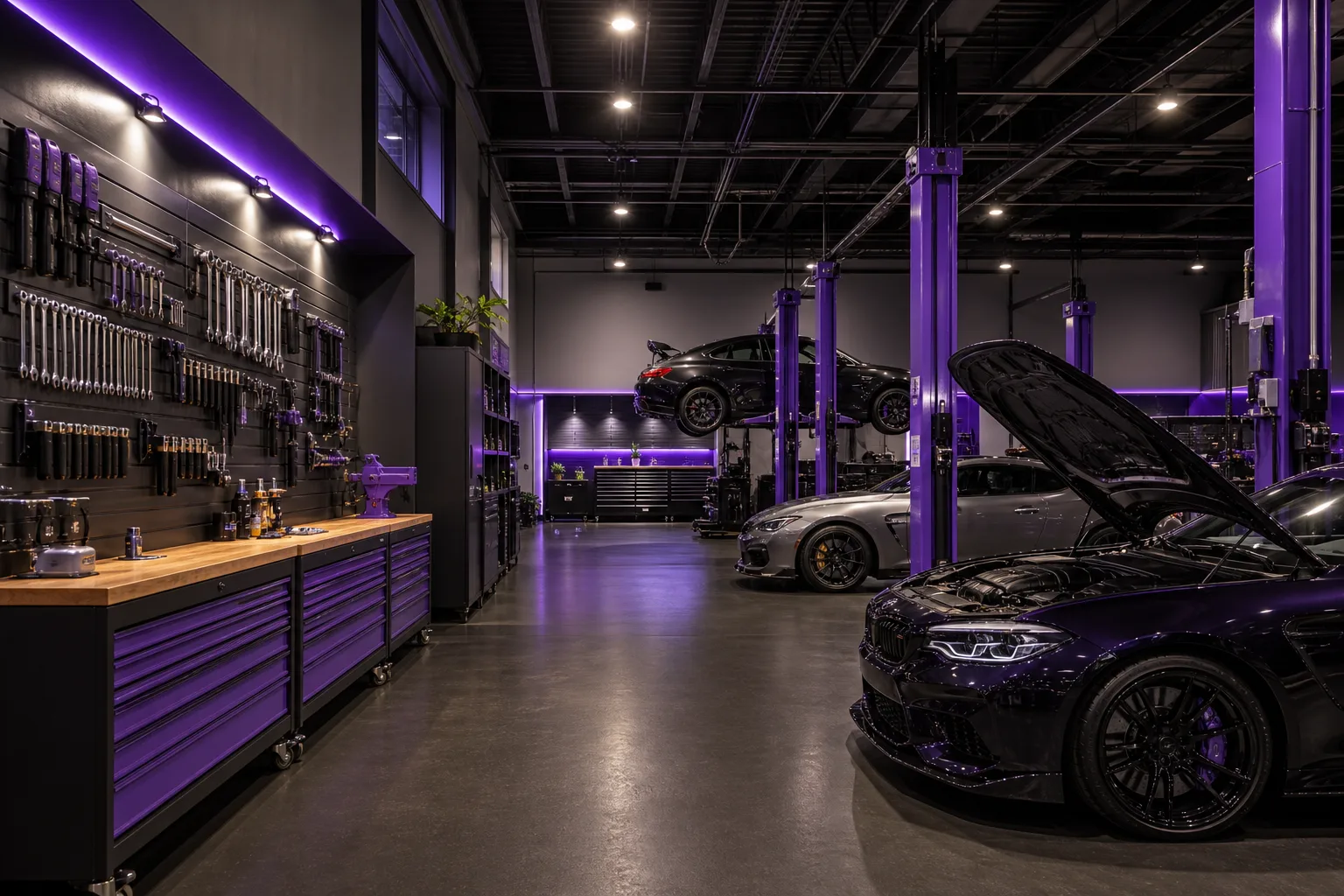Interior of limnoplanct automotive workshop with lift bays and diagnostic equipment, 1200x800