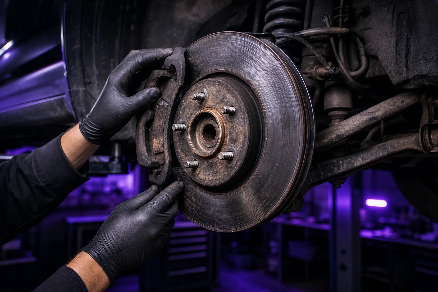 Close view of worn brake rotor and caliper during inspection, 1200x800