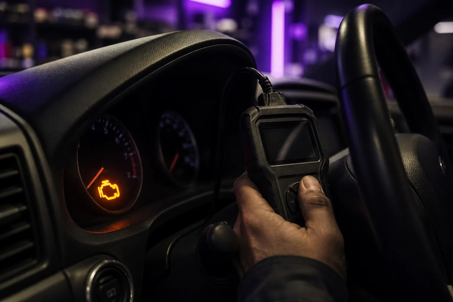 Dashboard check engine light illuminated on car instrument panel, 1200x800