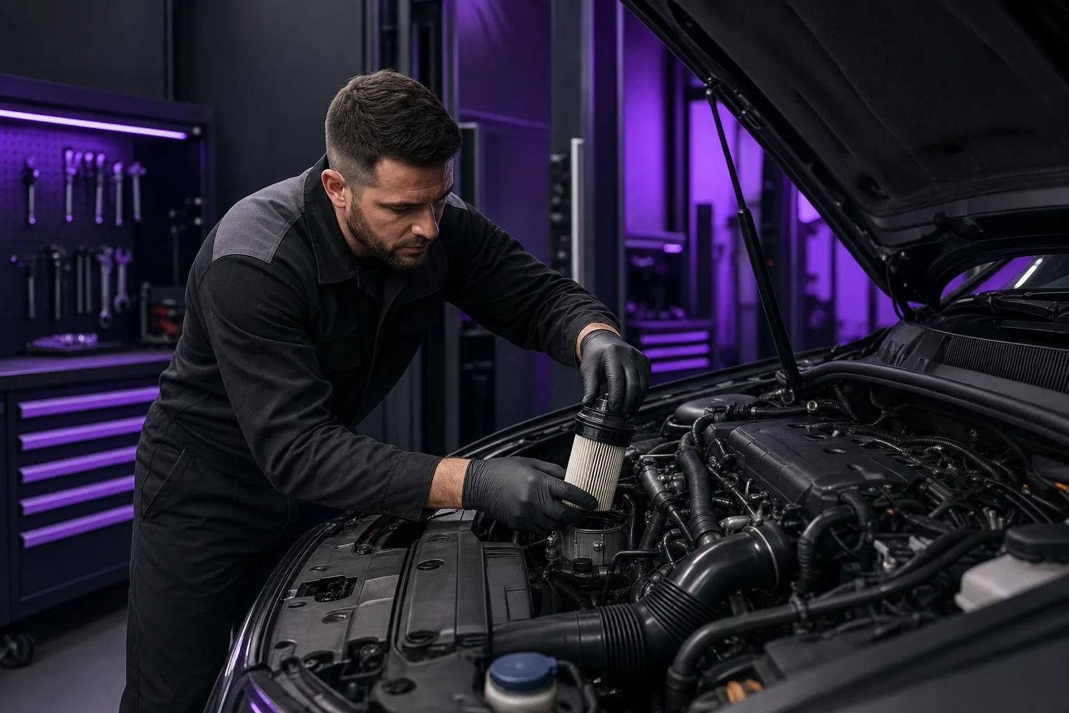 Diesel engine bay during scheduled maintenance service at auto workshop, 1200x800