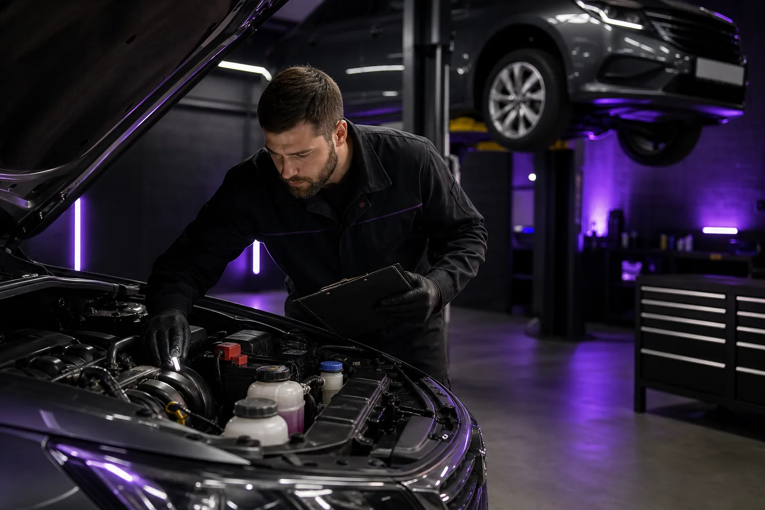 Mechanic performing pre-trip seasonal vehicle inspection checklist, 1200x800