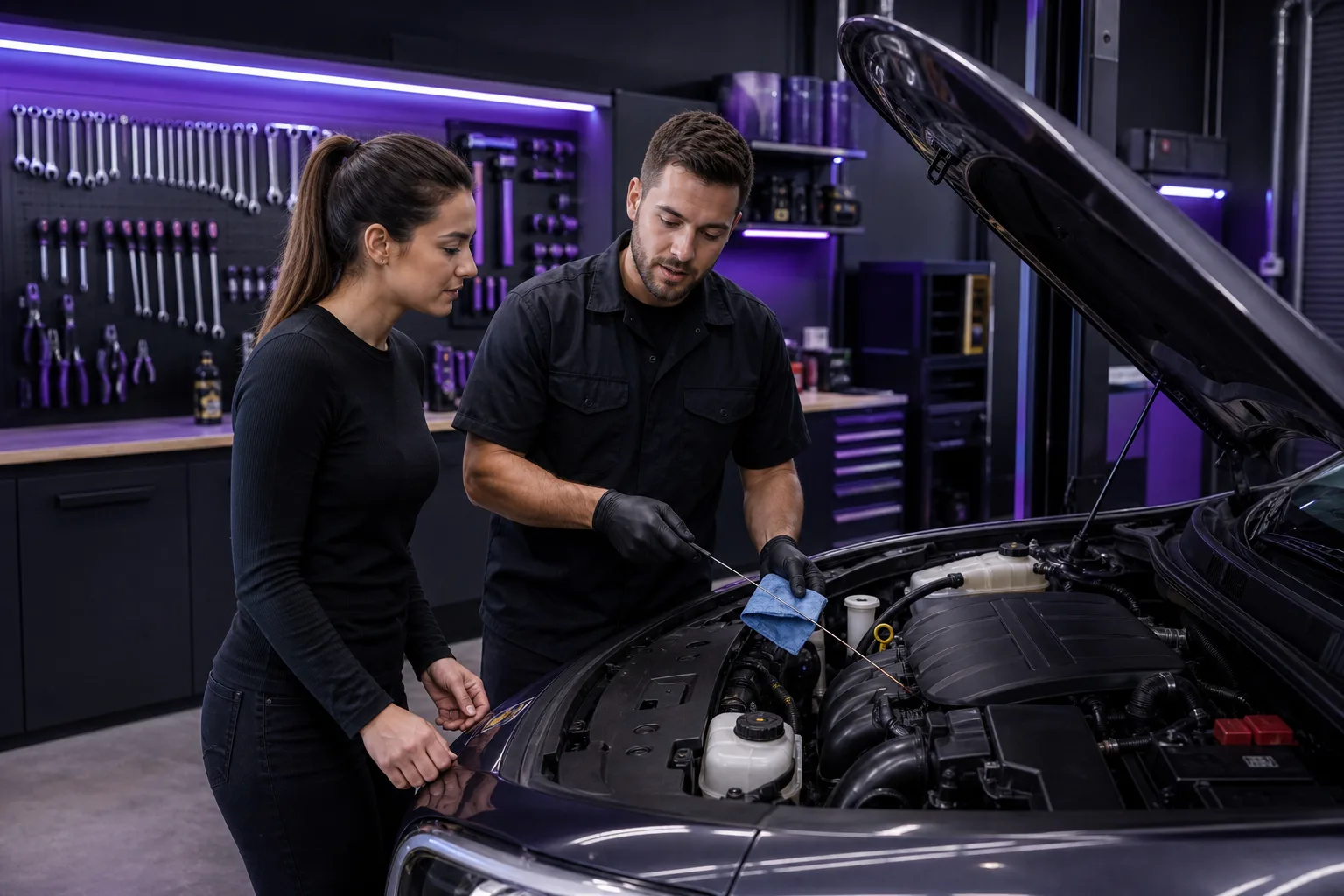 Mechanic explaining preventive maintenance to car owner in workshop, 1200x800